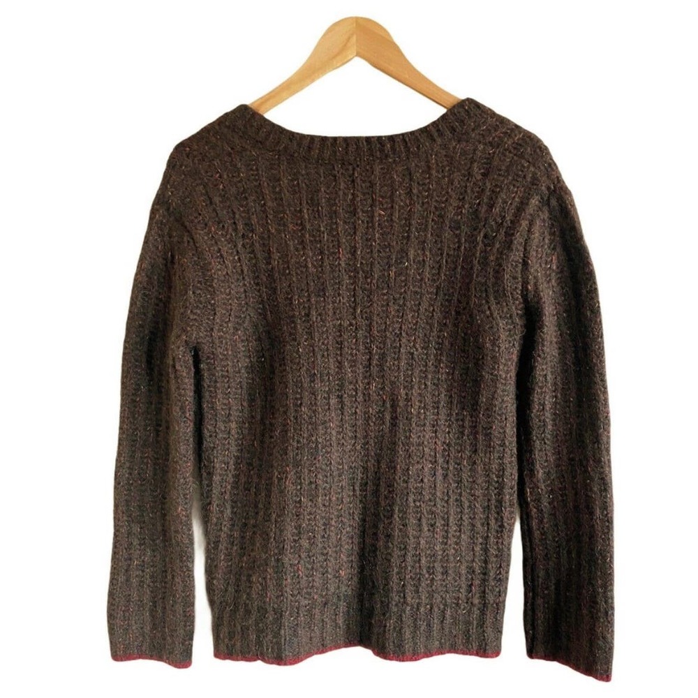 LA LIGNE Brown Sweater Fuzzy Wuzzy Pullover V-Neck Alpaca Cotton Wool Red Trim S - Picture 10 of 12